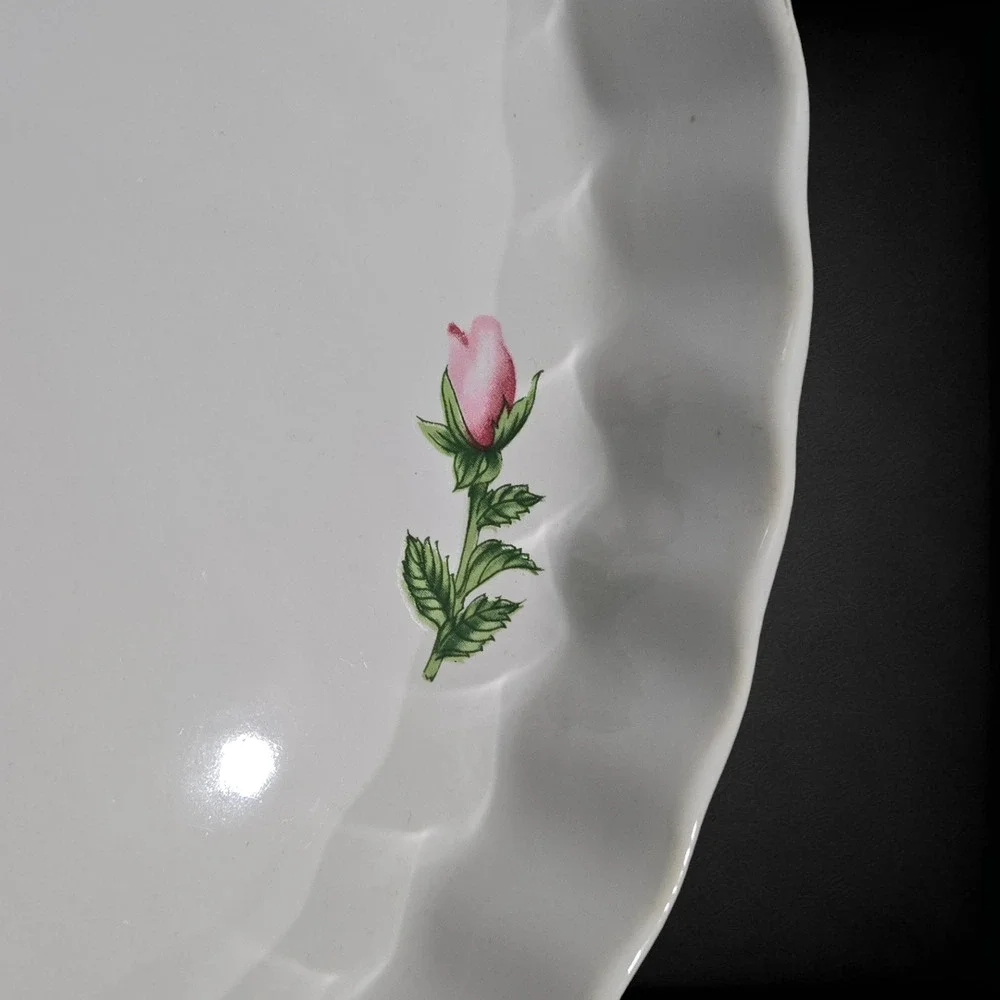 Vintage White Pink Rose Floral Beveled Porcelain 9.5in Quiche Tart 1980s Pie Pan